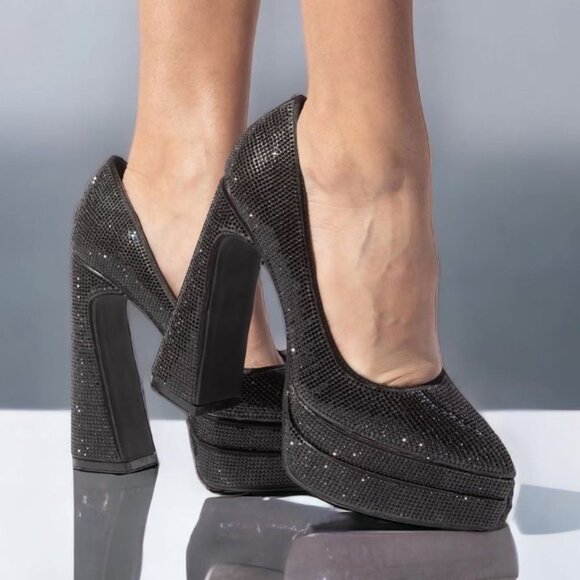 Black Sparkly Closed Toe Statement Platform Block Heels - Picture 1 of 4